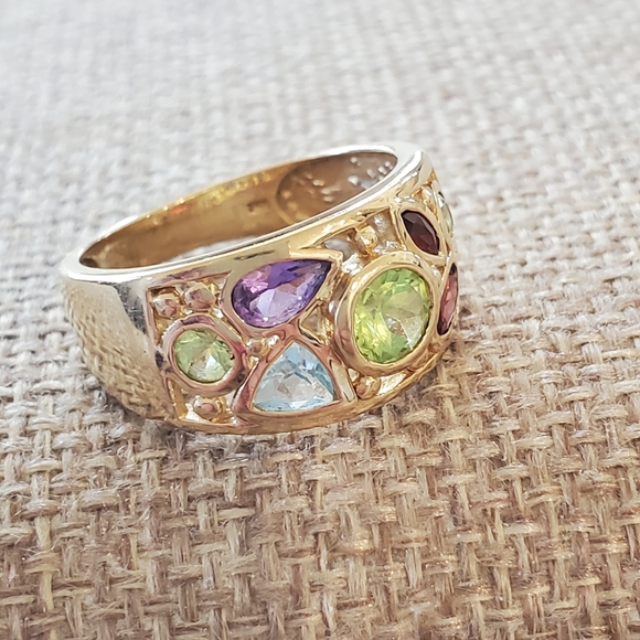 10K Yellow Gold Multi Gemstone Ring Wide Band Peridot Garnet Topaz Amethyst 4g+ - Picture 11 of 13